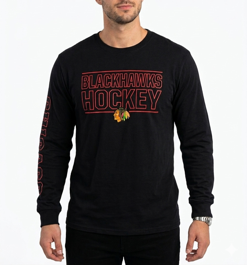 NHL Chicago Blackhawks Men's Long Sleeve Dark T-Shirt Black Hockey Graphic NWT